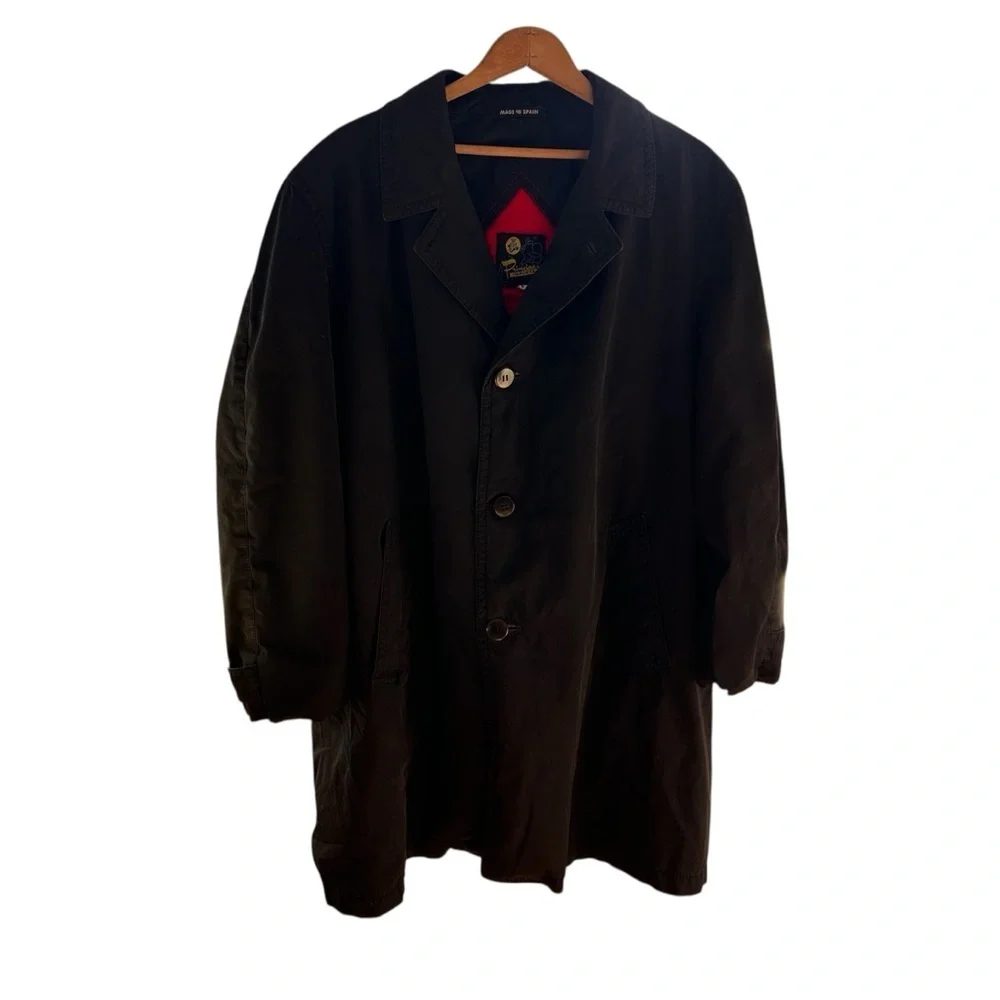 Vintage Elegant Black Trench Barn Ranch Coat with Red Interior Size 44 - Picture 5 of 8